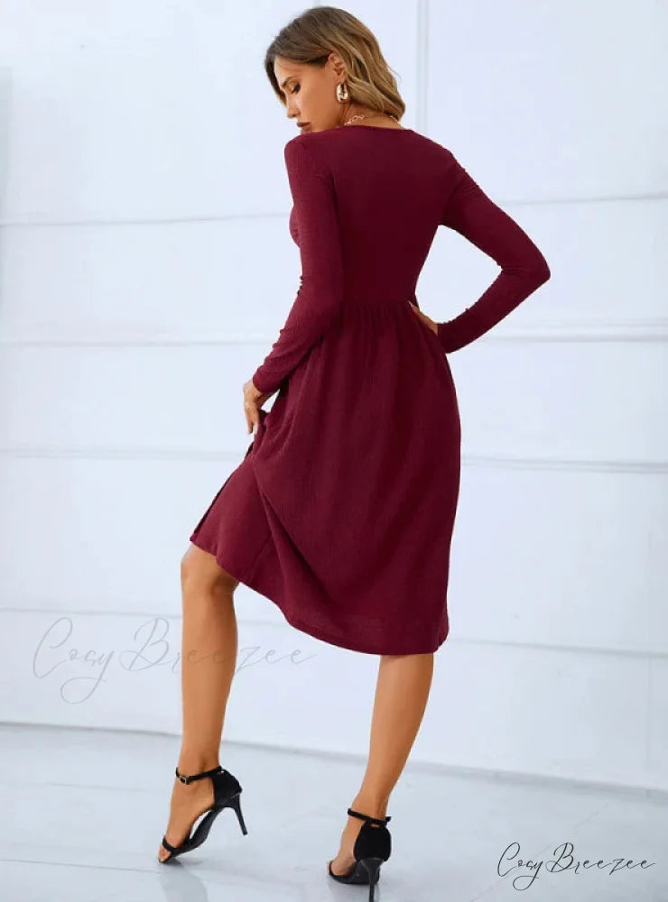 Red Long Sleeve Pleated Button Dress with Round Neck
