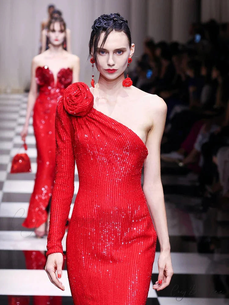 Red One-Shoulder Sequin Party Dress
