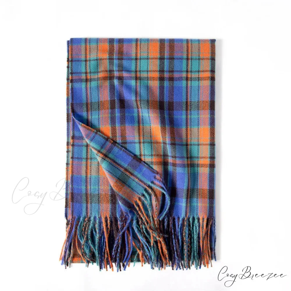Red Plaid Cashmere Korean Style Fashion Warmer Hijab Pashmina Scarf for Women blue 1