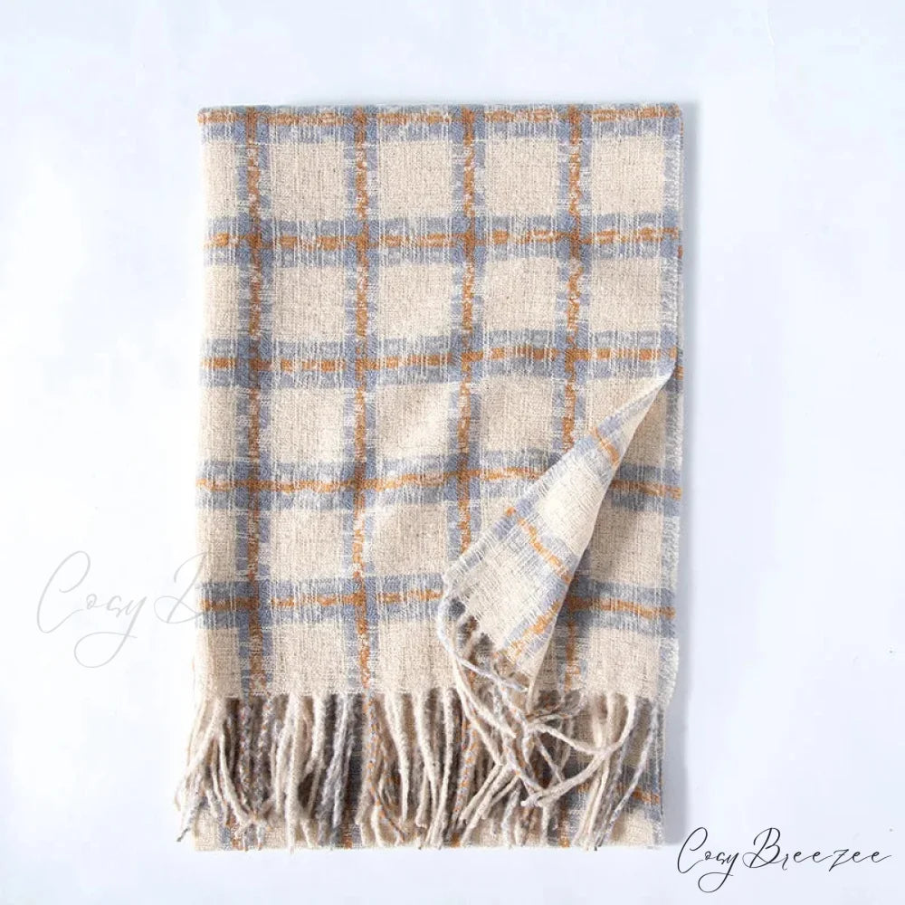 Red Plaid Cashmere Korean Style Fashion Warmer Hijab Pashmina Scarf for Women cream-colored