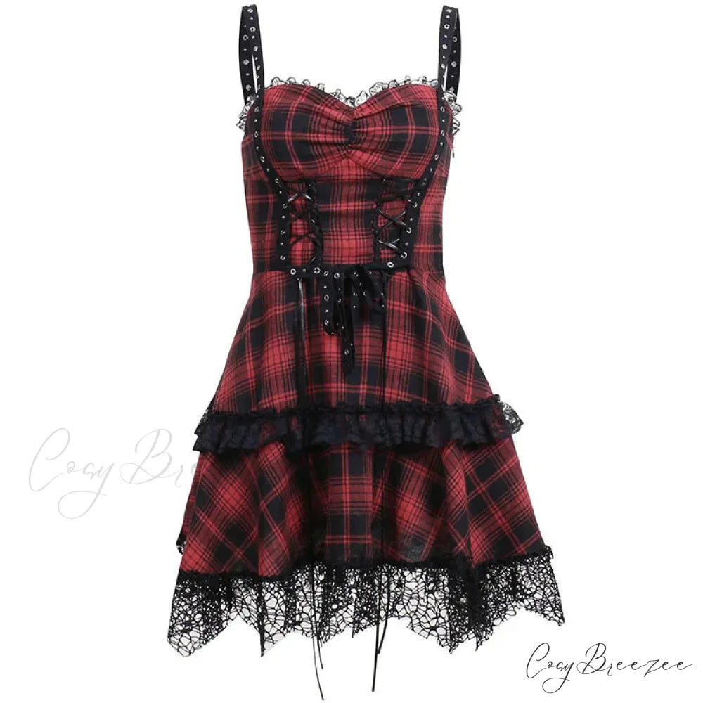 Red Plaid Street Goth Fairy Grunge Y2K Pleated Lace-up Tube Lolita Partywear Eyelet Corset Dress