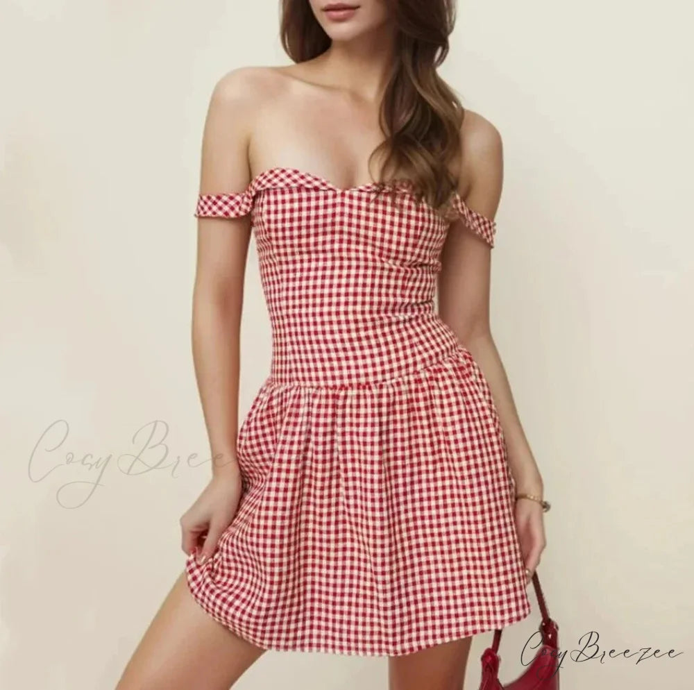 Red Plaid Stylish Off-shoulder Mini Dress