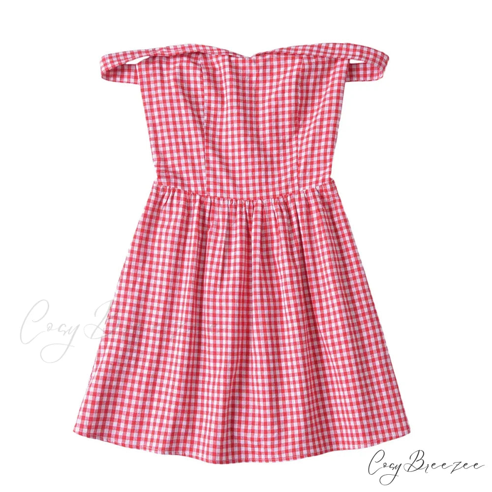 Red Plaid Stylish Off-shoulder Mini Dress as picture / L