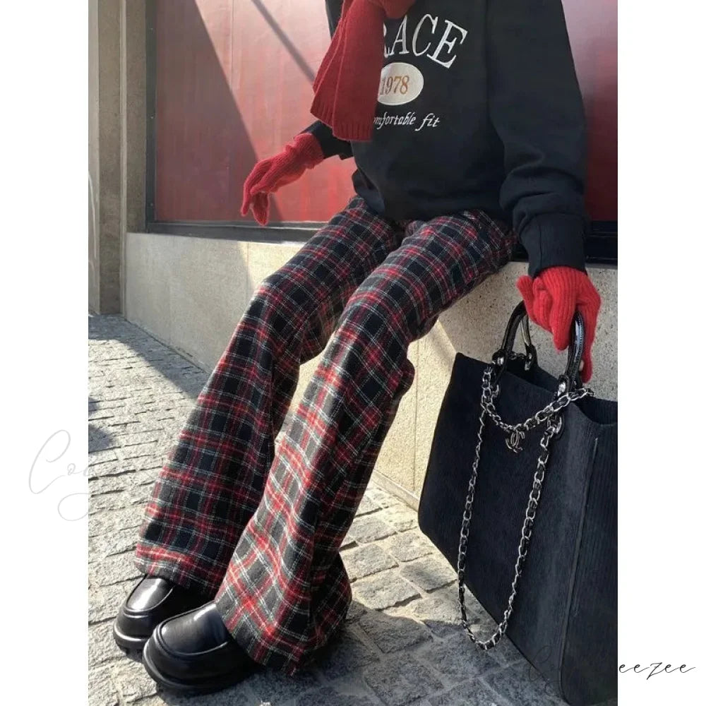 Red Plaid Y2K Women Wide Leg Pants pants-241228