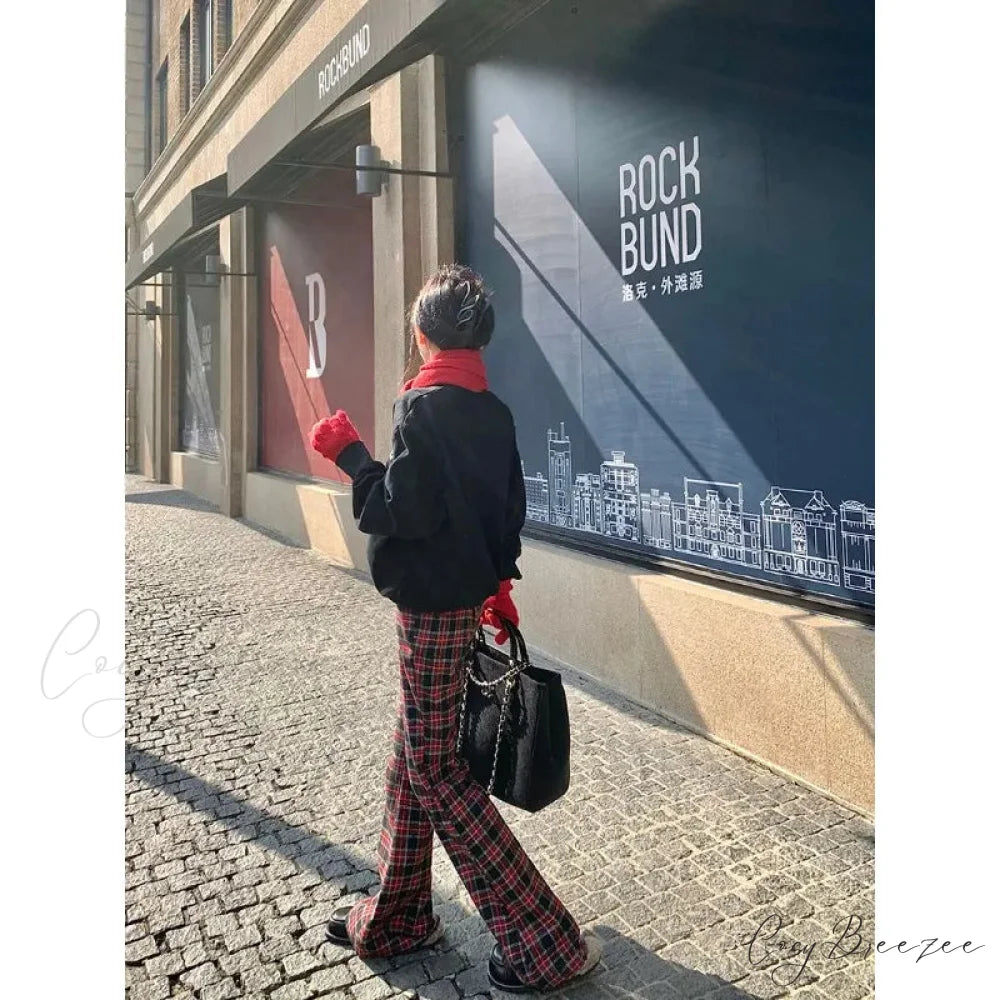 Red Plaid Y2K Women Wide Leg Pants pants-241228