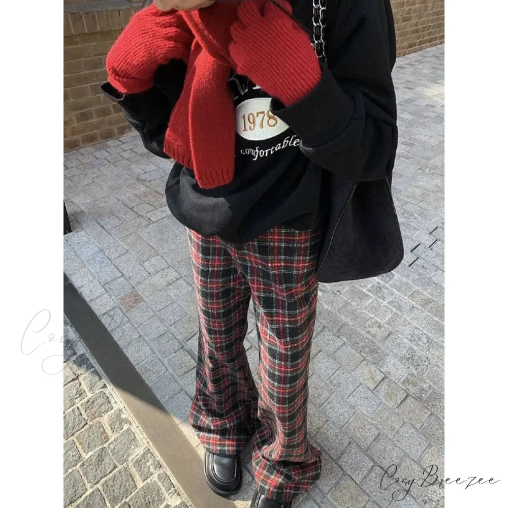 Red Plaid Y2K Women Wide Leg Pants pants-241228