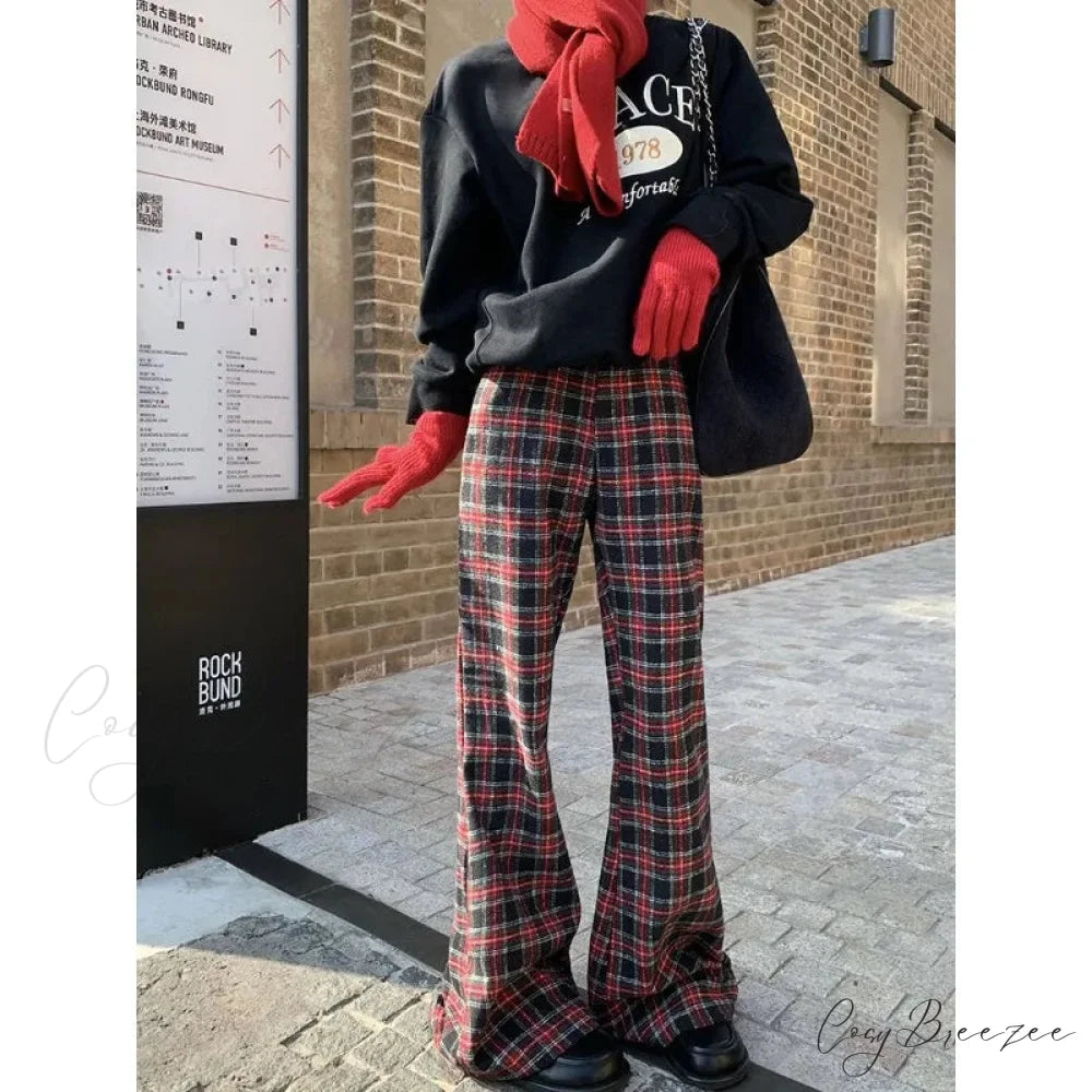 Red Plaid Y2K Women Wide Leg Pants red / S pants-241228
