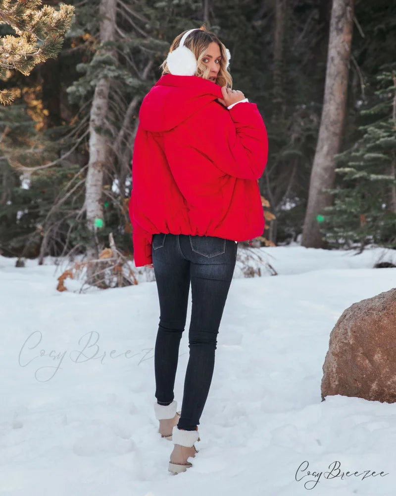 Red Pocketed Hooded Puffer Jacket - Stay Awhile