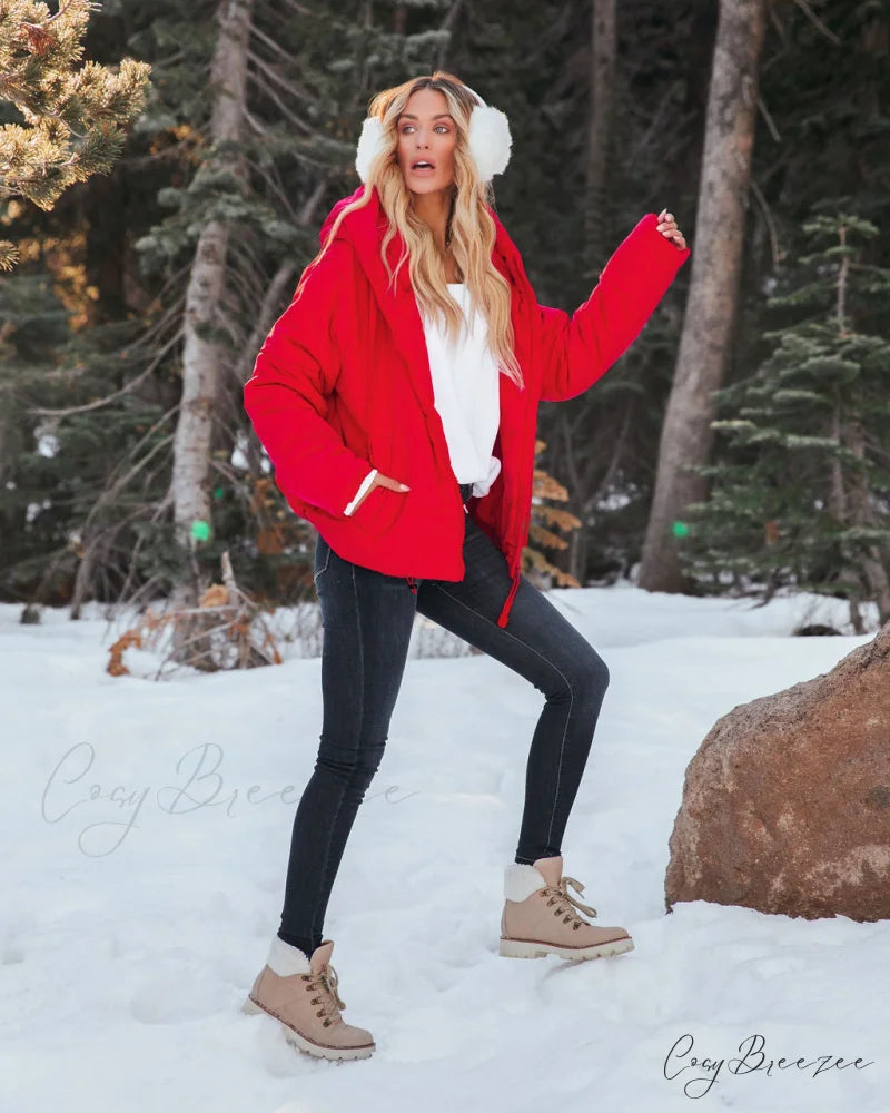 Red Pocketed Hooded Puffer Jacket - Stay Awhile