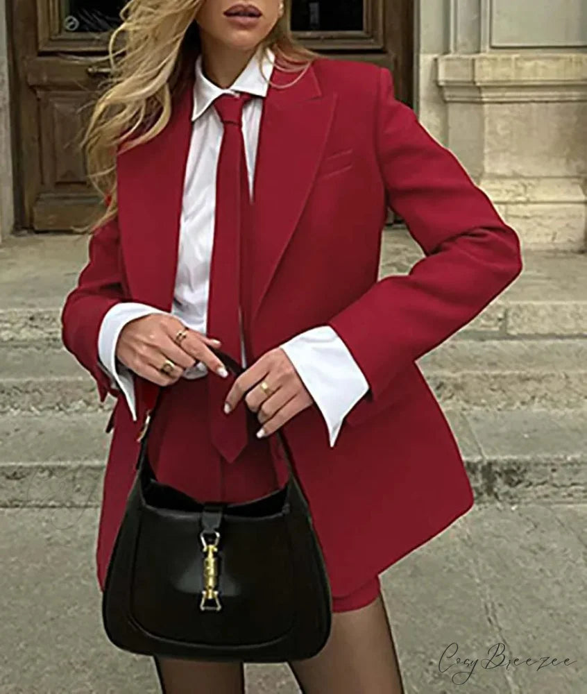 Red Pockets Tie Button Shorts Office Set officetwopieceset-250223