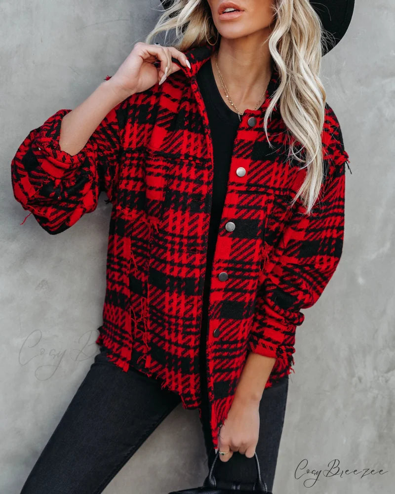 Red South Lake Frayed Plaid Shacket