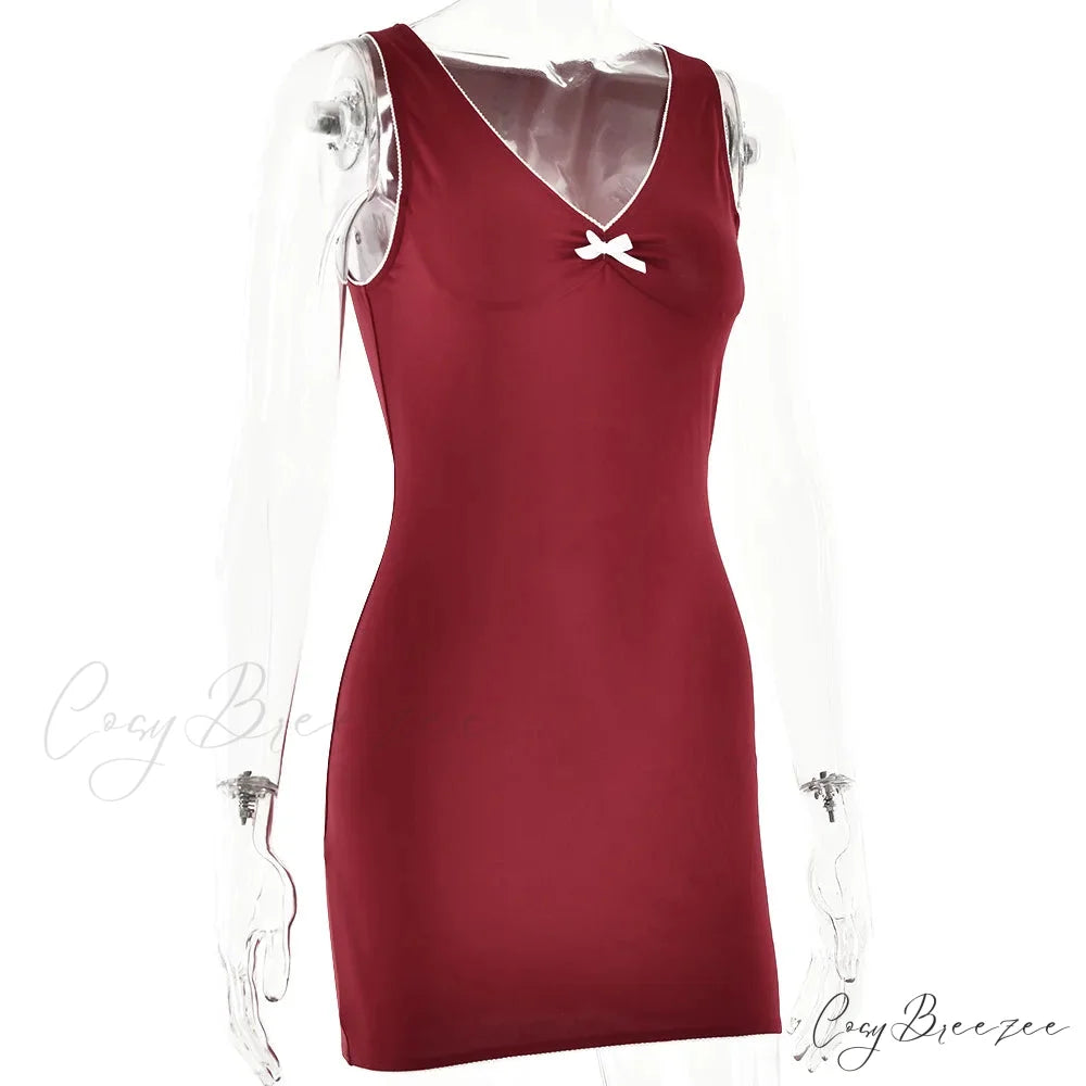 Red V-Neck Bow Charming Sleeveless Mini Dress