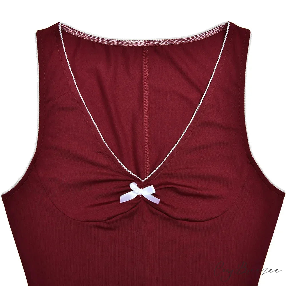 Red V-Neck Bow Charming Sleeveless Mini Dress