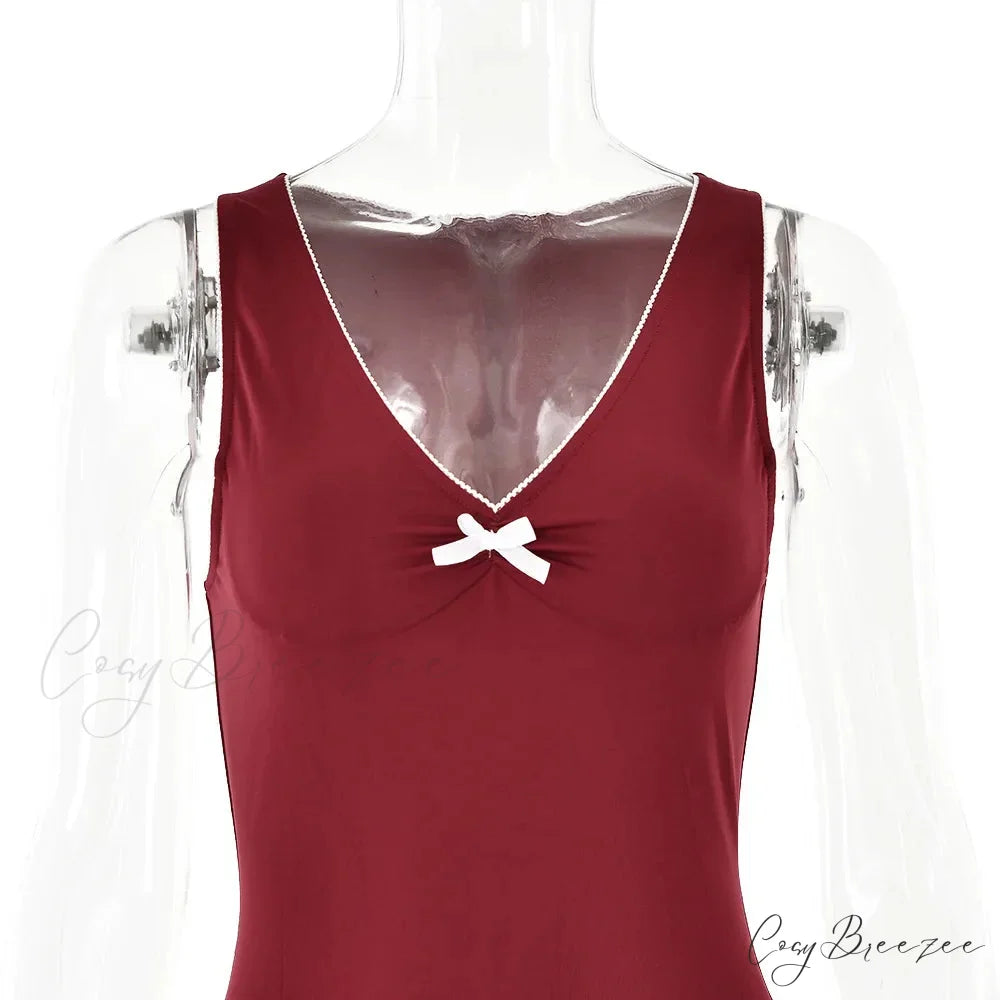 Red V-Neck Bow Charming Sleeveless Mini Dress