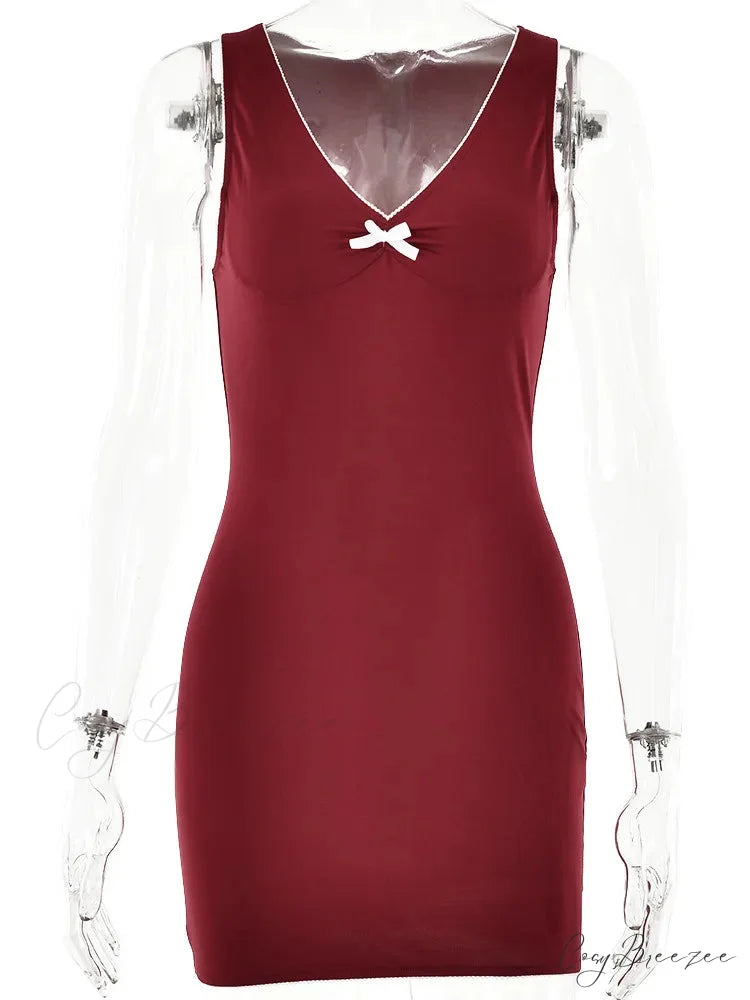 Red V-Neck Bow Charming Sleeveless Mini Dress Red / M