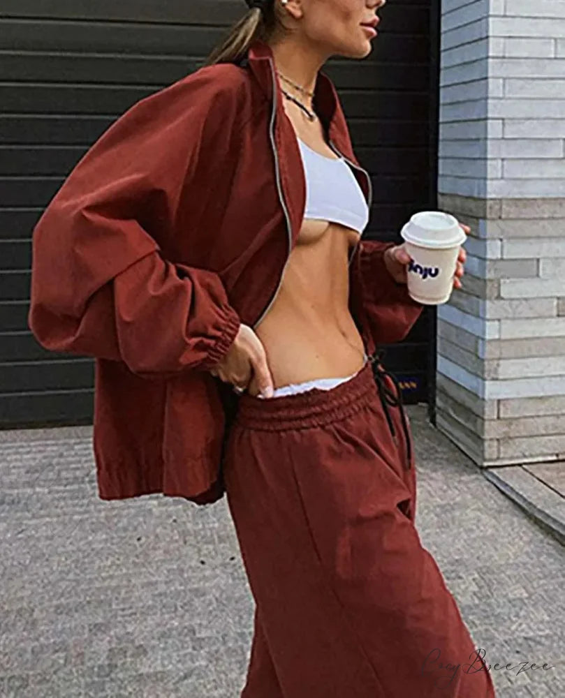 Red Zipper Drawstring Trousers Office Set officetwopieceset-250223