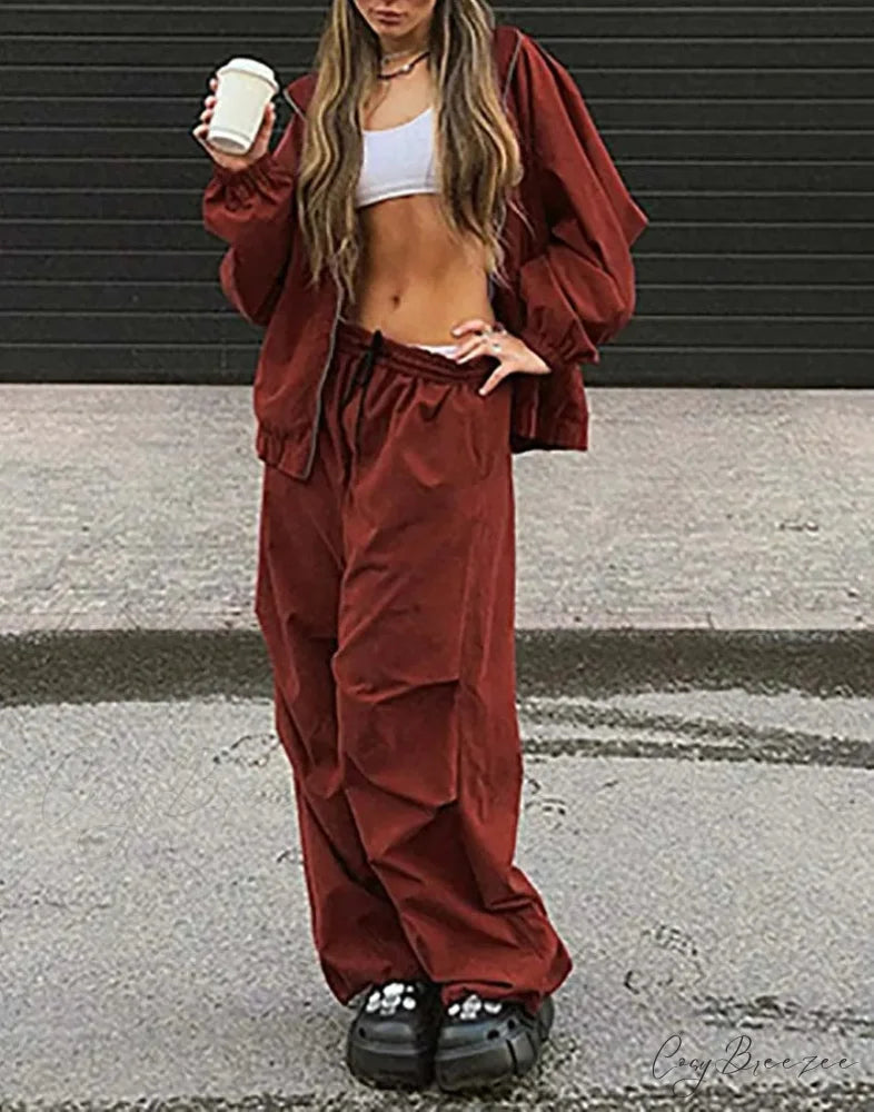 Red Zipper Drawstring Trousers Office Set Red / S officetwopieceset-250223