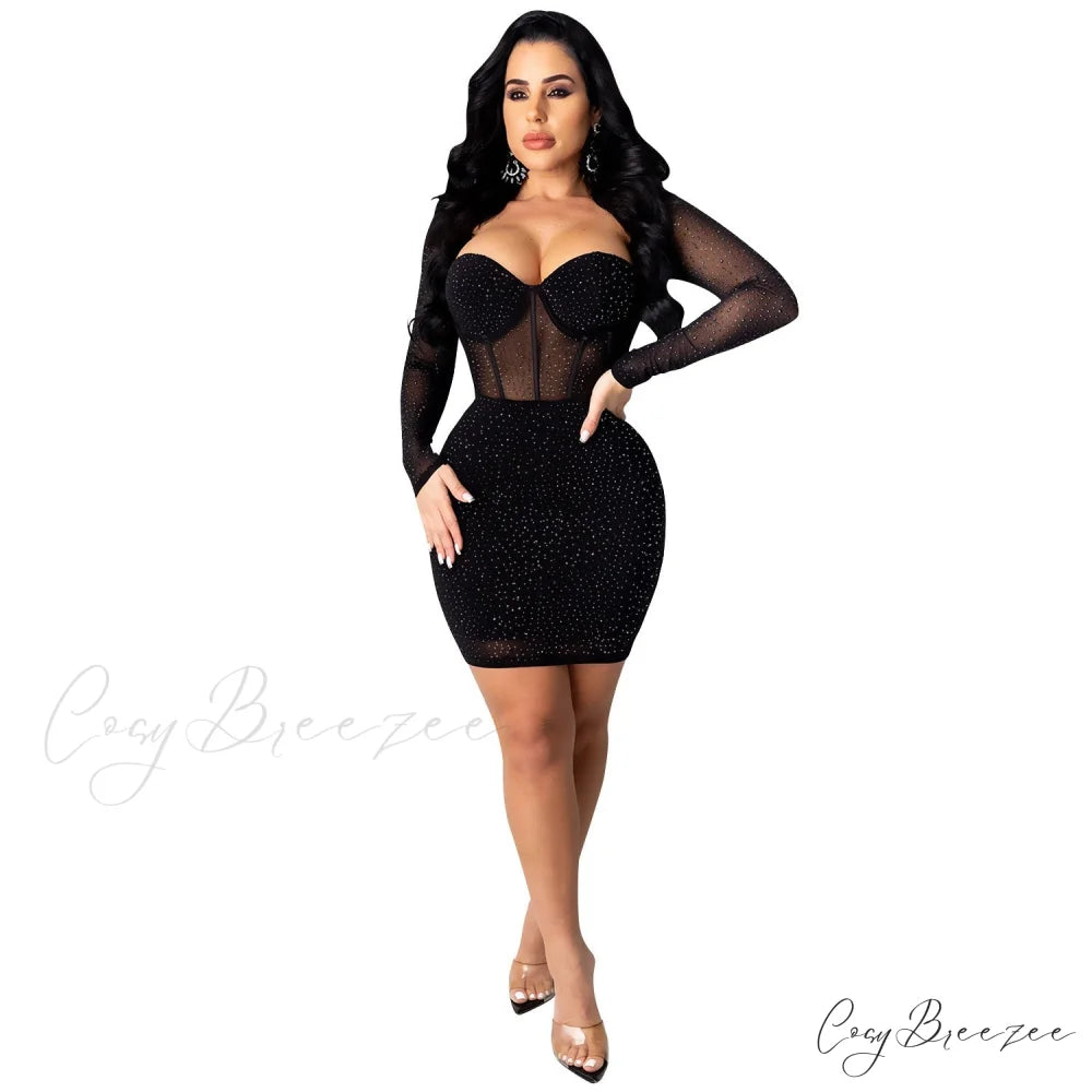 Reese Formal Heat Charming Stone Illusion Mini Dress BLACK / S