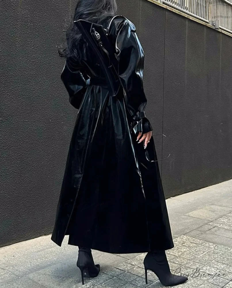 Reflective Patent Leather Trench Coat Black / S overcoats-241228