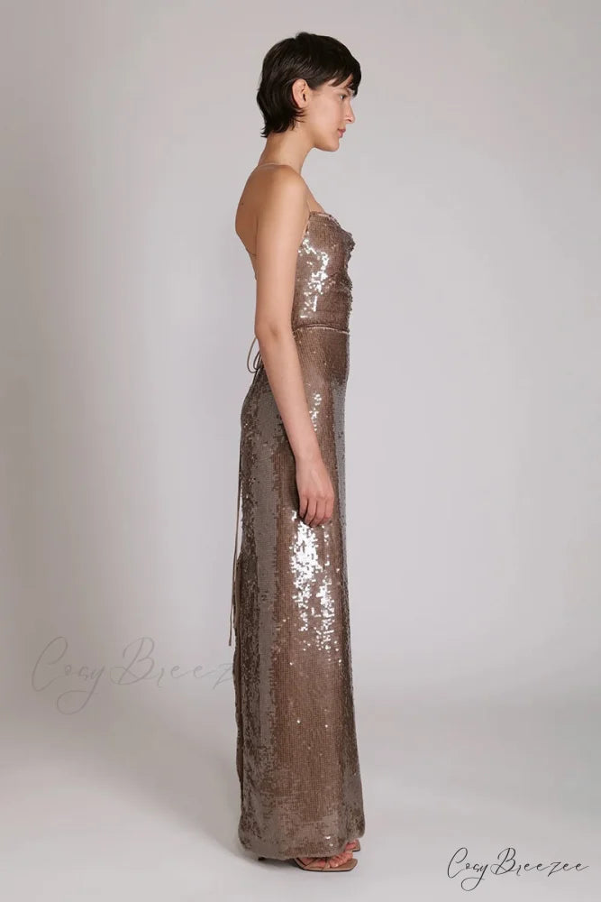 Regal Elegance Sequin Trendy Lace-Up Maxi Dress