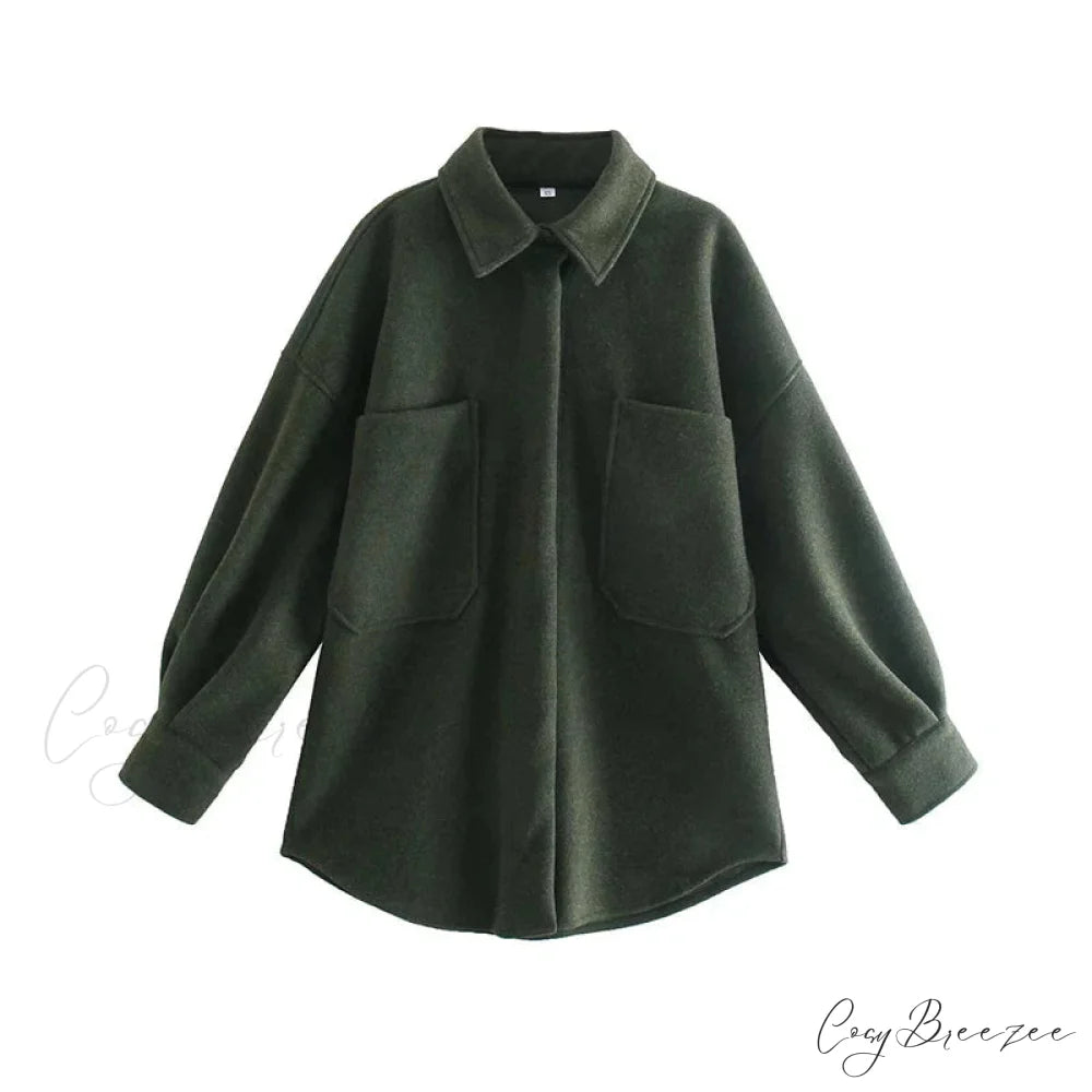 Relaxed Camel Woolen Loose Pocket Coat Green / S overcoats-241228