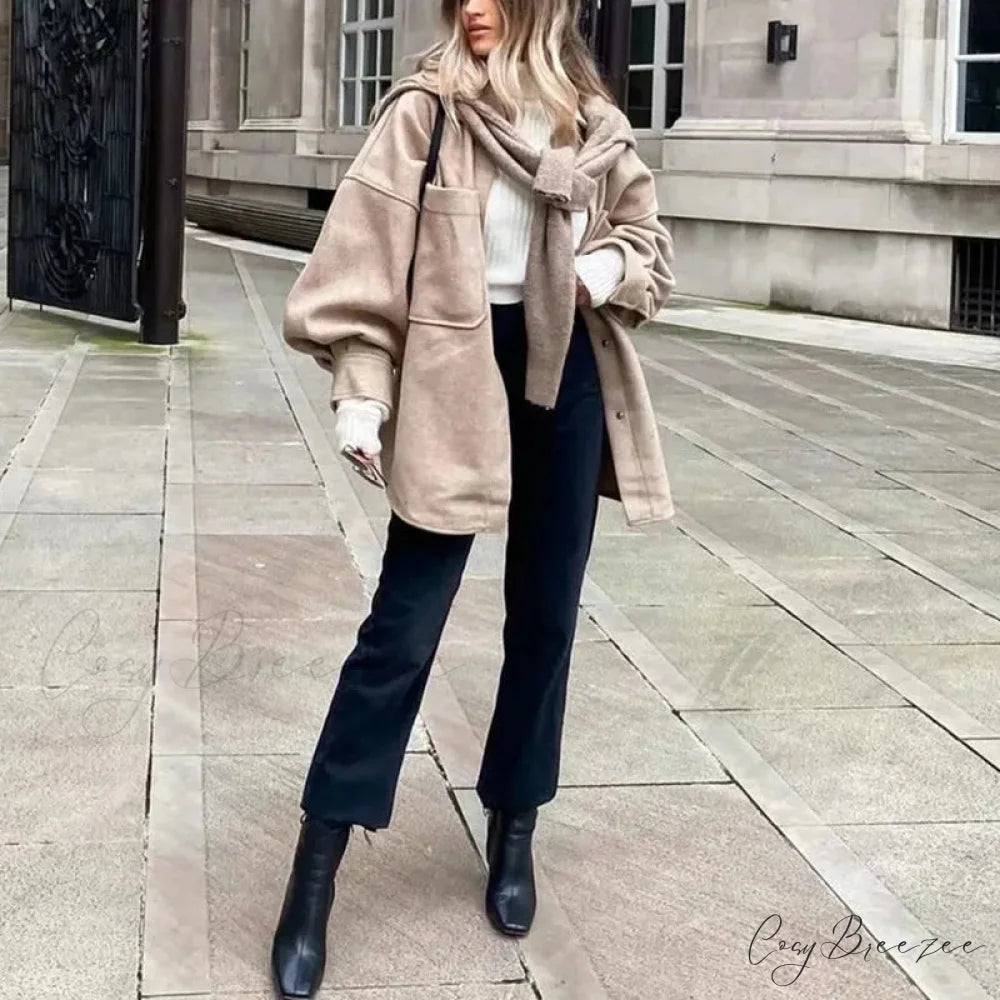 Relaxed Camel Woolen Loose Pocket Coat overcoats-241228