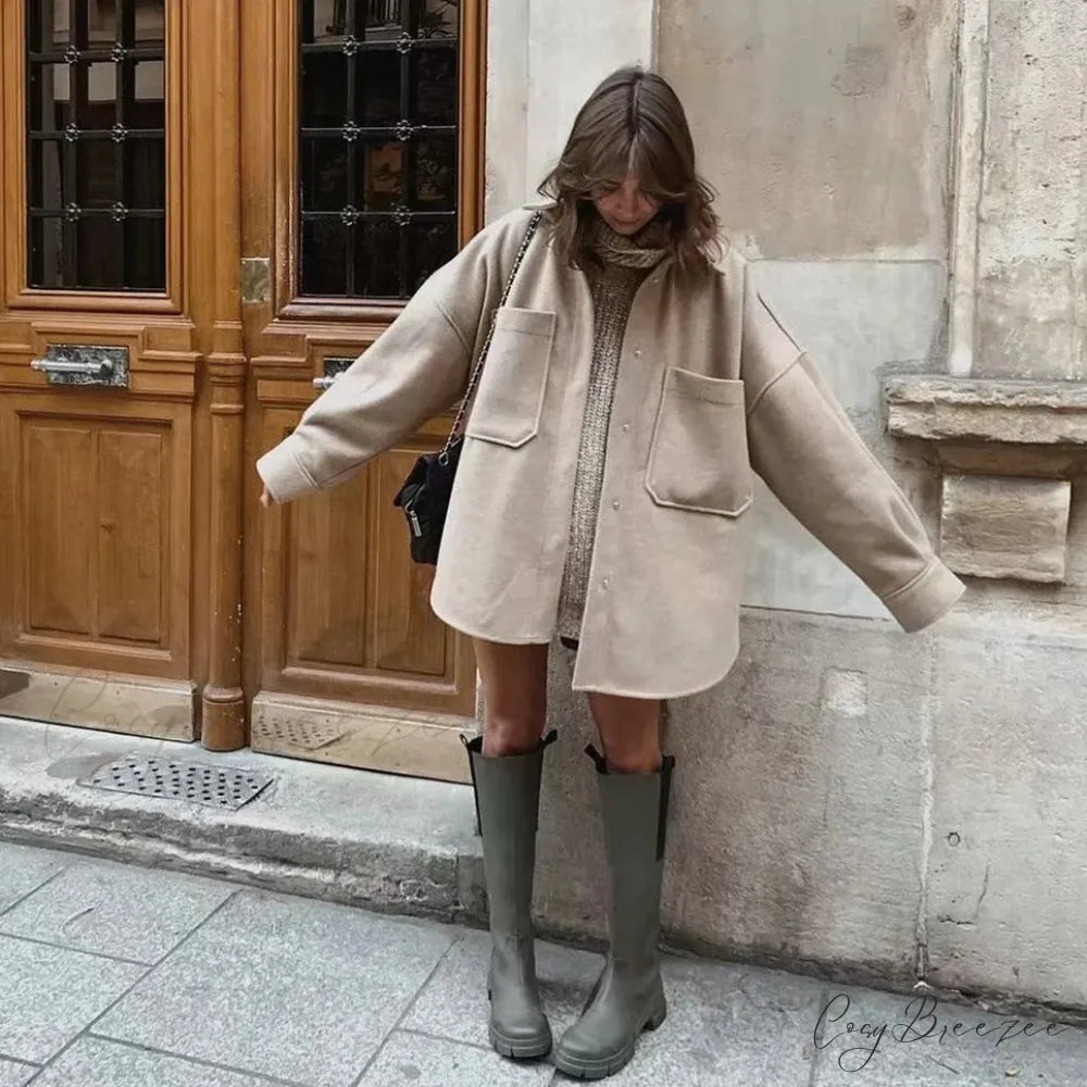 Relaxed Camel Woolen Loose Pocket Coat Camel / S overcoats-241228