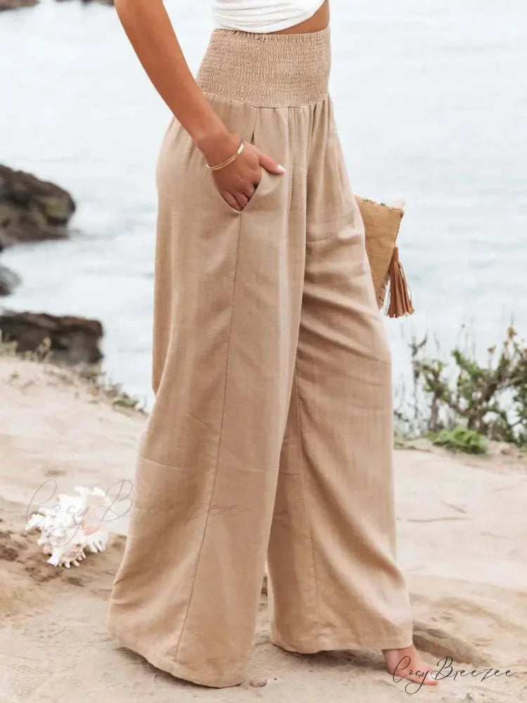 Relaxed Elastic Waist Linen Wide Pants pants-241228