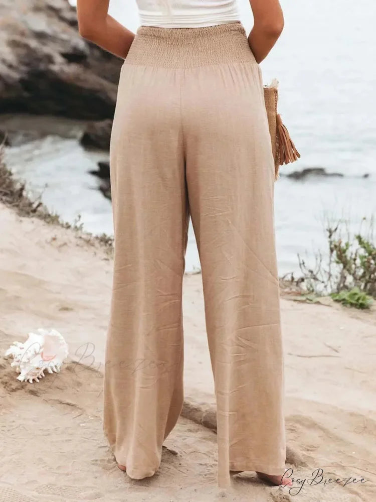Relaxed Elastic Waist Linen Wide Pants pants-241228
