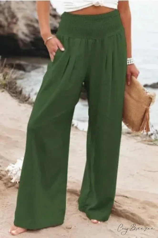 Relaxed Elastic Waist Linen Wide Pants Armygreen / S pants-241228