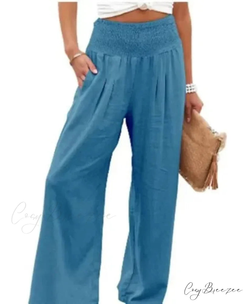 Relaxed Elastic Waist Linen Wide Pants Blue / S pants-241228