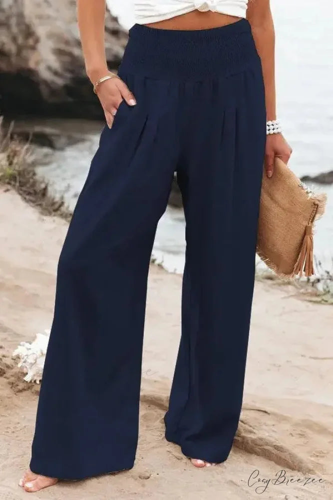 Relaxed Elastic Waist Linen Wide Pants Dark blue / S pants-241228