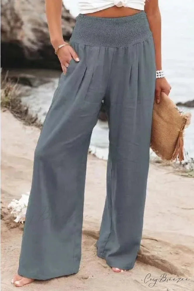 Relaxed Elastic Waist Linen Wide Pants GRAY / S pants-241228