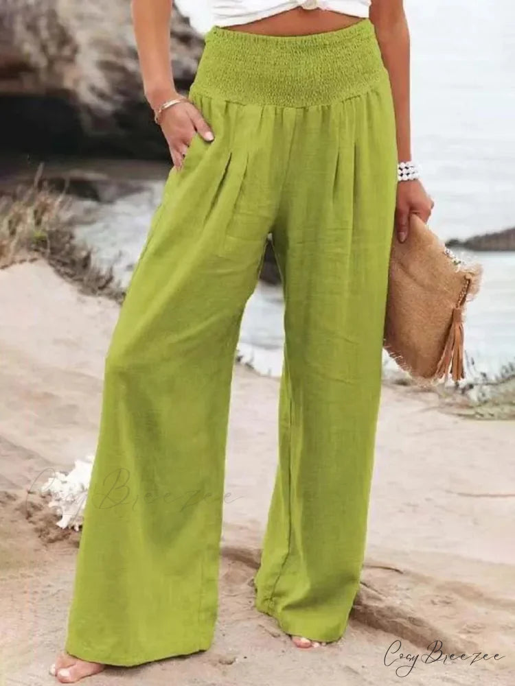 Relaxed Elastic Waist Linen Wide Pants Light green / S pants-241228