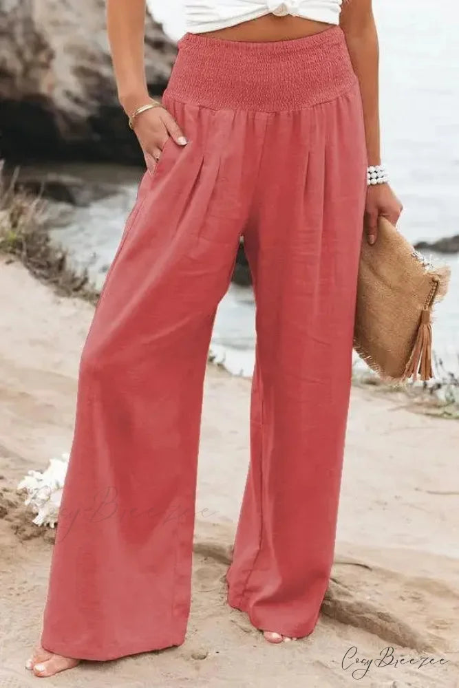 Relaxed Elastic Waist Linen Wide Pants Orange / S pants-241228