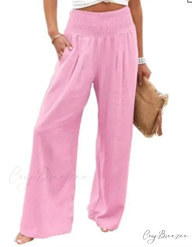 Relaxed Elastic Waist Linen Wide Pants Pink / S pants-241228