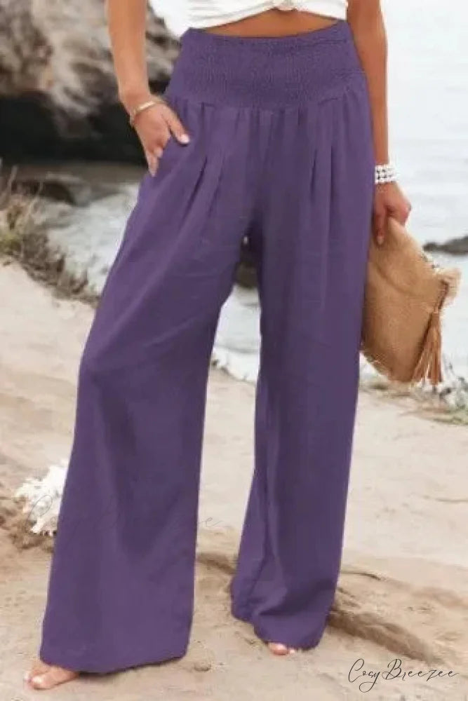 Relaxed Elastic Waist Linen Wide Pants PURPLE / S pants-241228