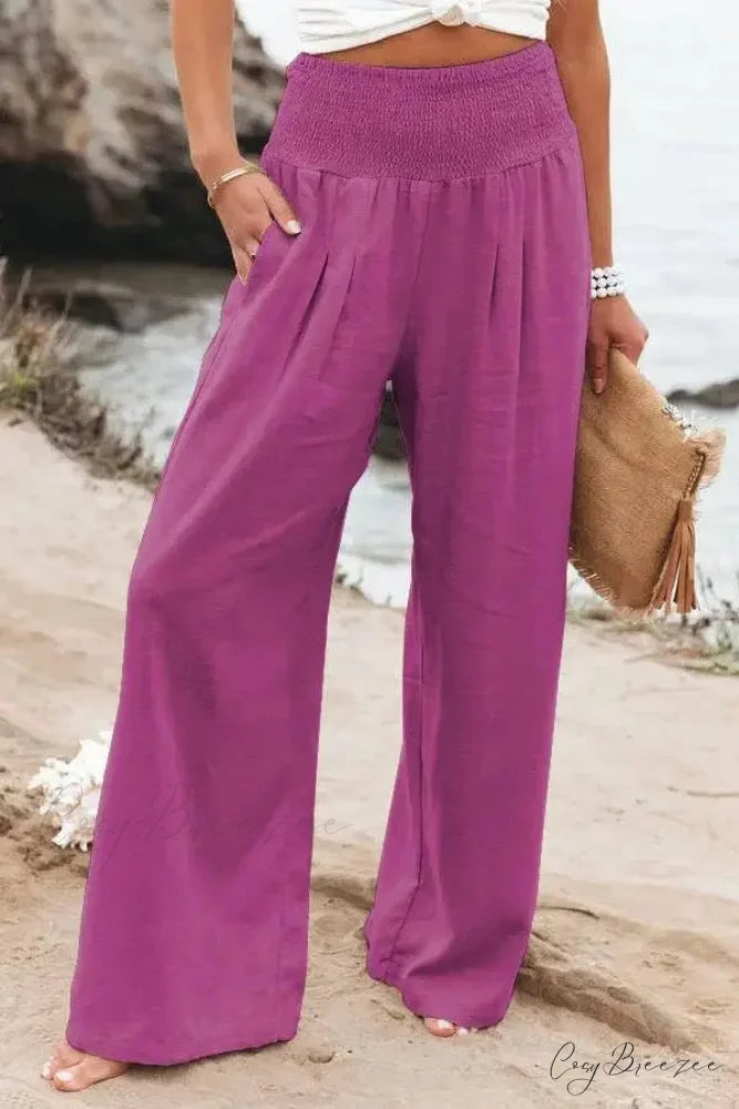 Relaxed Elastic Waist Linen Wide Pants Rose / S pants-241228