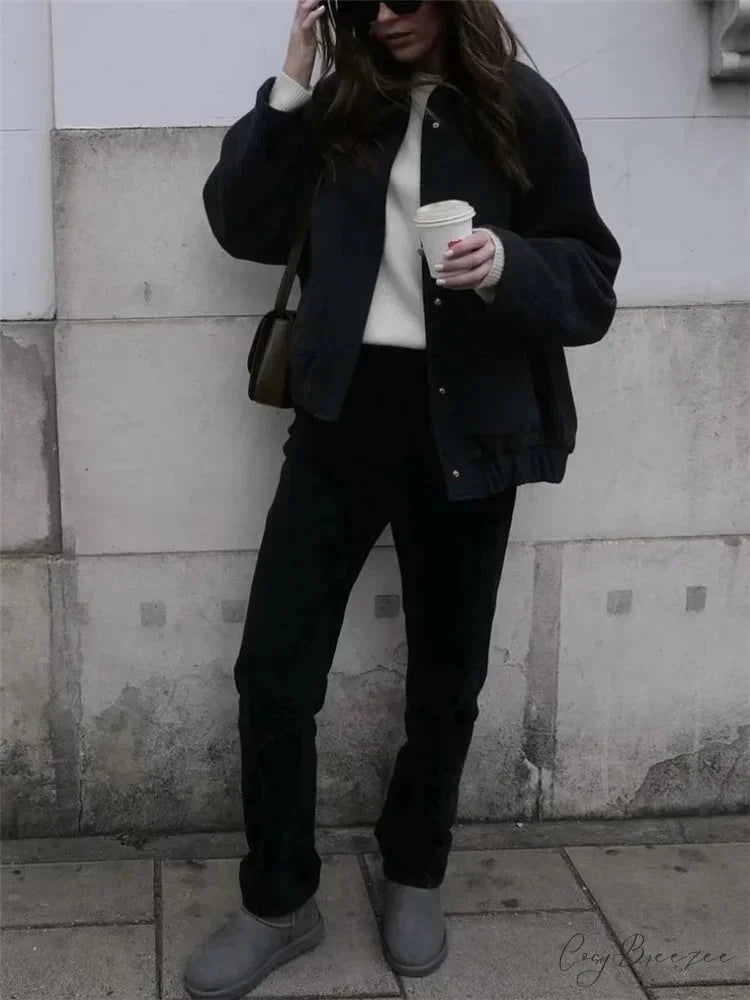 Relaxed Gray Cozy Baseball Jacket Coat Black / S overcoats-241228