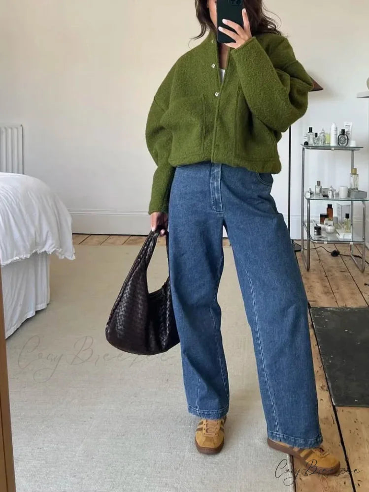 Relaxed Gray Cozy Baseball Jacket Coat Green / S overcoats-241228