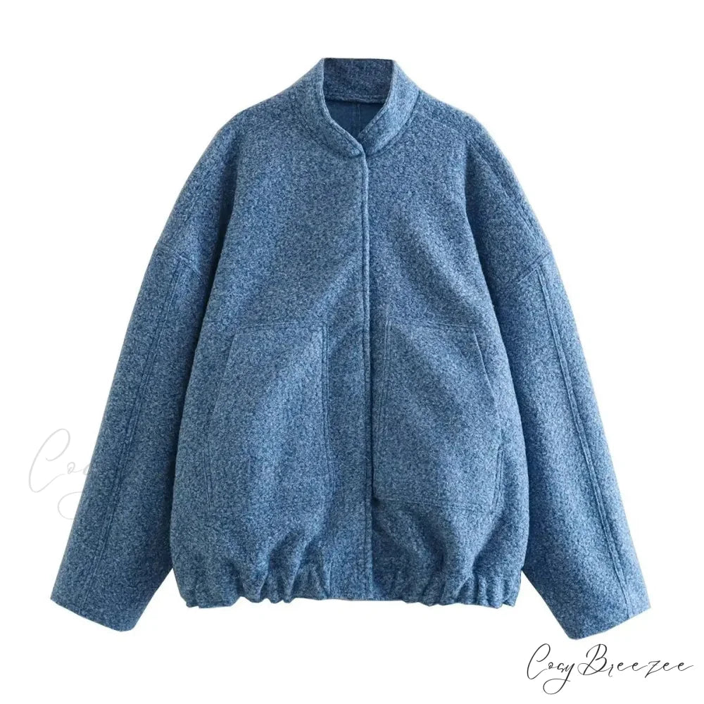 Relaxed Gray Cozy Baseball Jacket Coat ROYAL BLUE / S overcoats-241228