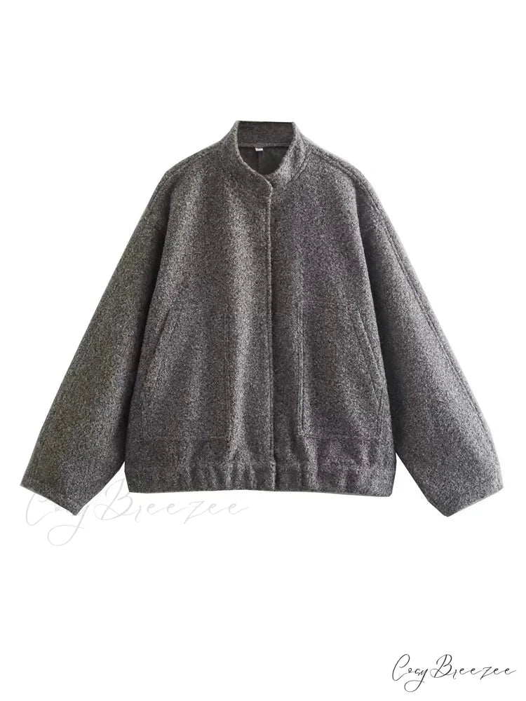 Relaxed Gray Cozy Baseball Jacket Coat GRAY / S overcoats-241228