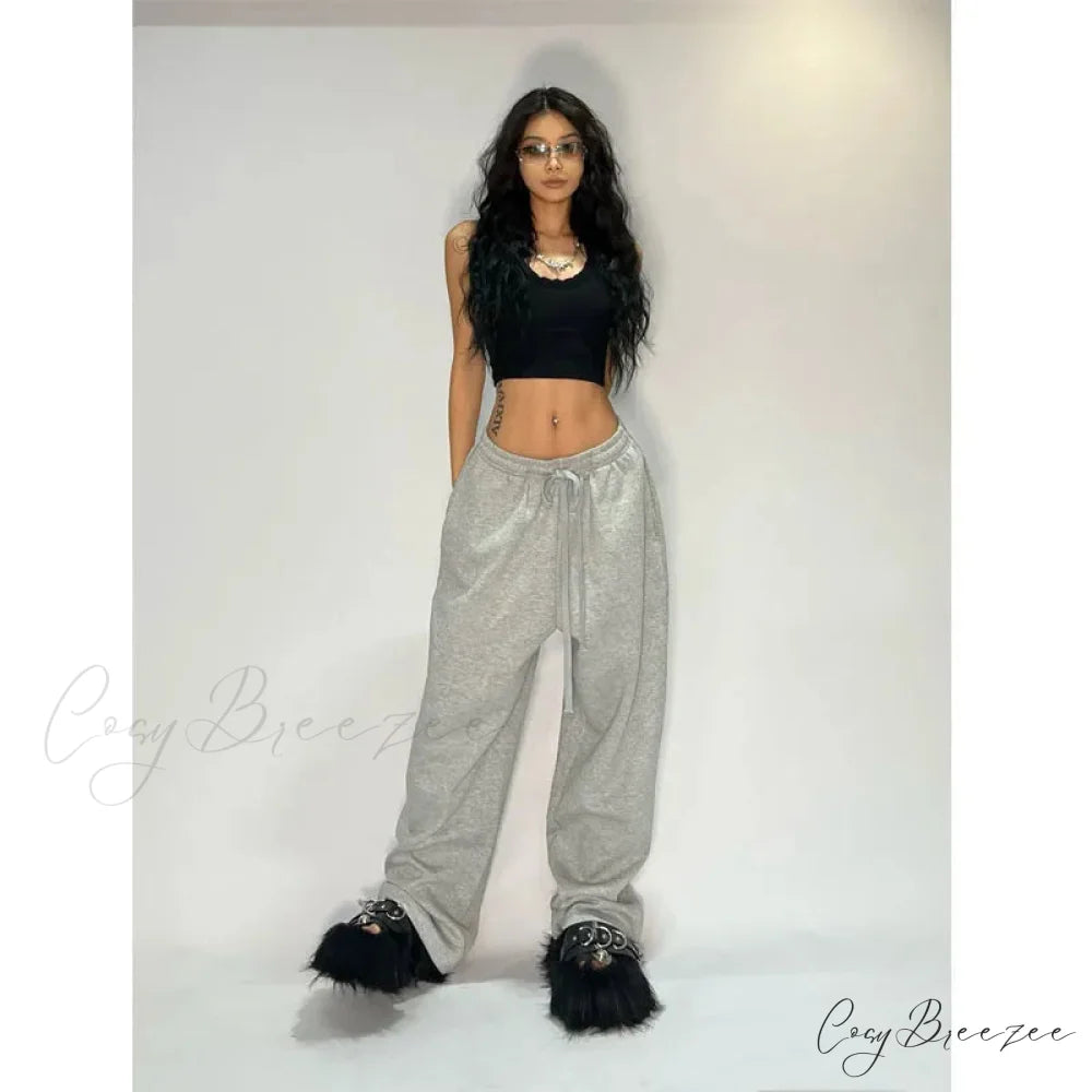 Relaxed Gray Wide Leg Sweatpants Pants pants-241228