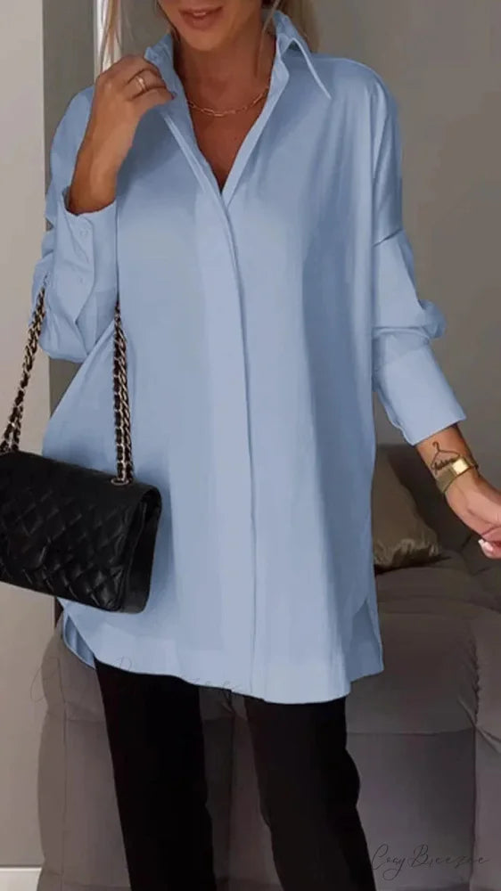 Relaxed Irregular Pullover Long Sleeve Blouse Light Blue / S blouse-250126