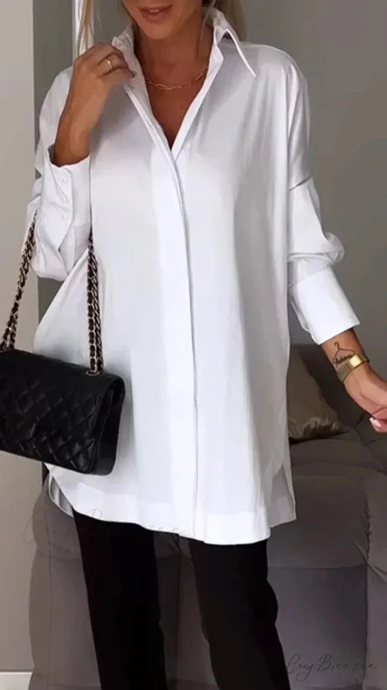 Relaxed Irregular Pullover Long Sleeve Blouse WHITE / S blouse-250126