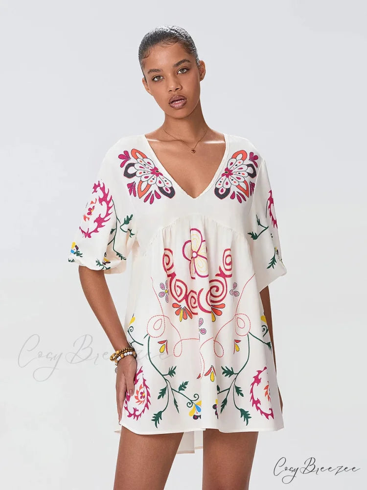 Relaxed Mini Beach Floral Vacation Dress WHITE / S floraldress-250126
