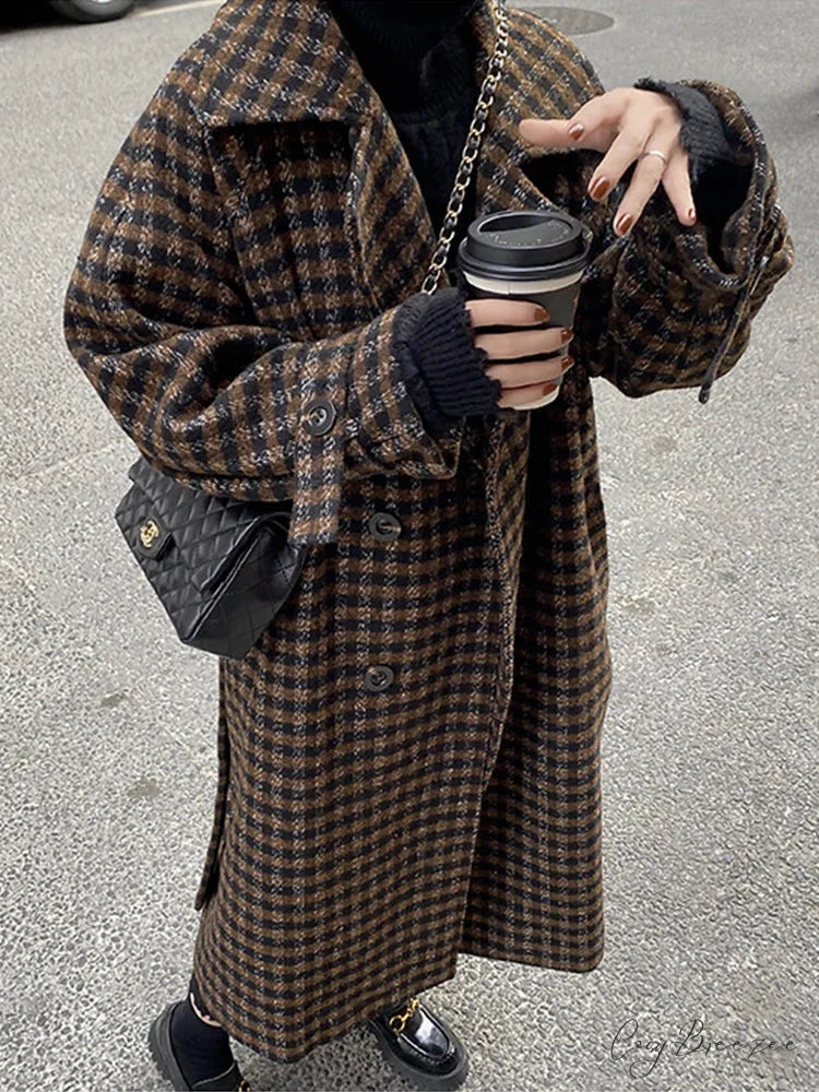 Relaxed Plaid Double-Breasted Wool Coat overcoats-241228