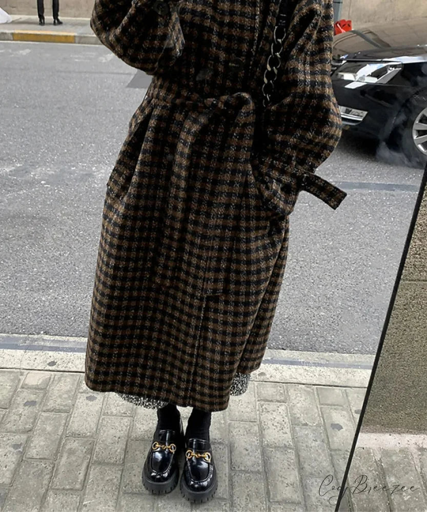 Relaxed Plaid Double-Breasted Wool Coat overcoats-241228