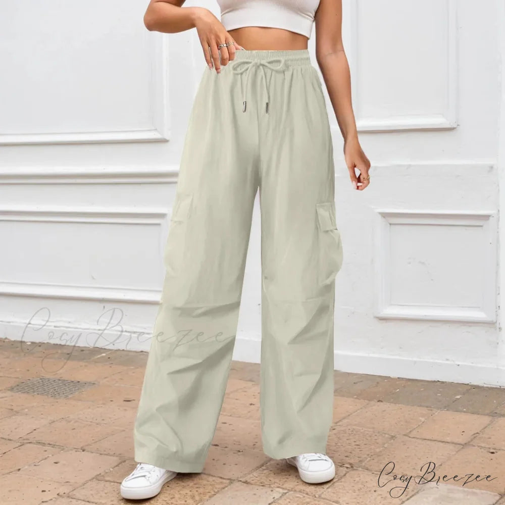 Relaxed Solid Color Wide Leg Pants Beige / S pants-241228