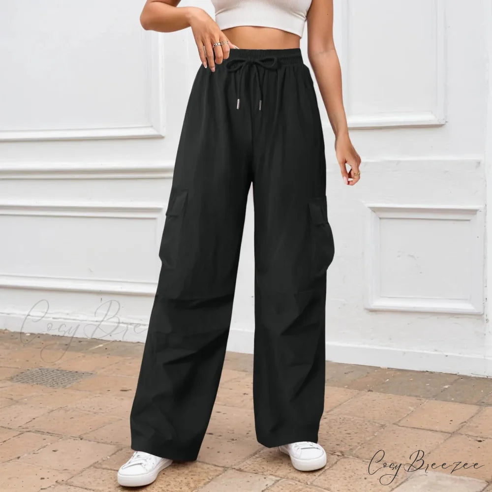 Relaxed Solid Color Wide Leg Pants Black / S pants-241228